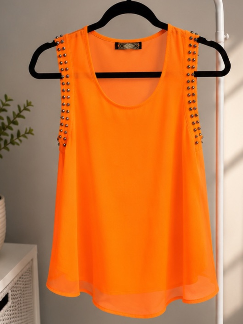 Neon Orange Studded Sleeveless Chiffon Top